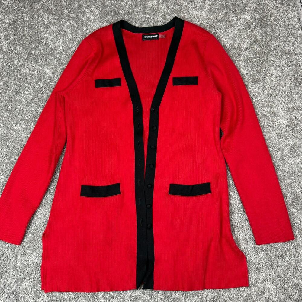 Karl Lagerfeld Women's Red Ribbed Button Pocket Detail Cardigan Size Small